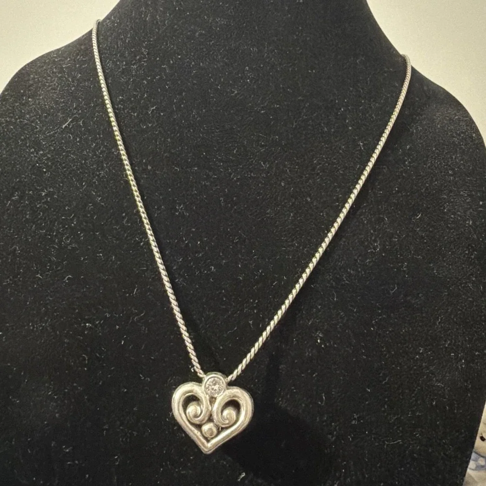 Brighton ALCAZAR Silver Scrolled Heart Crystal Long Necklace Badge Holder 32